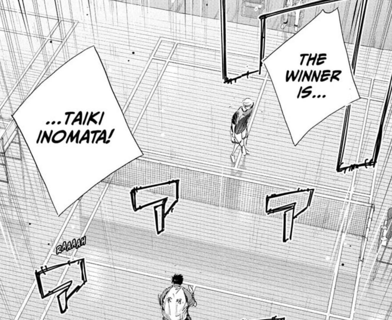 The announcer declares Taiki Inomata the winner