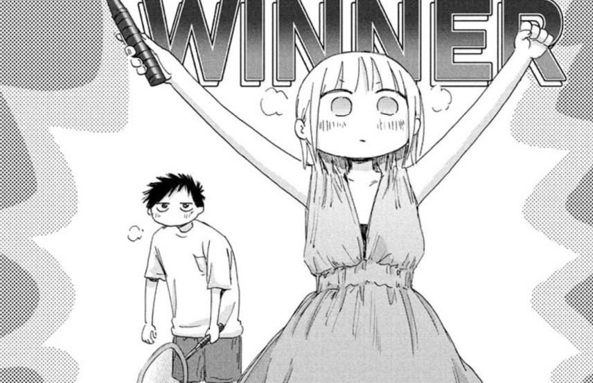 Chinatsu celebrates winning the beach badminton game