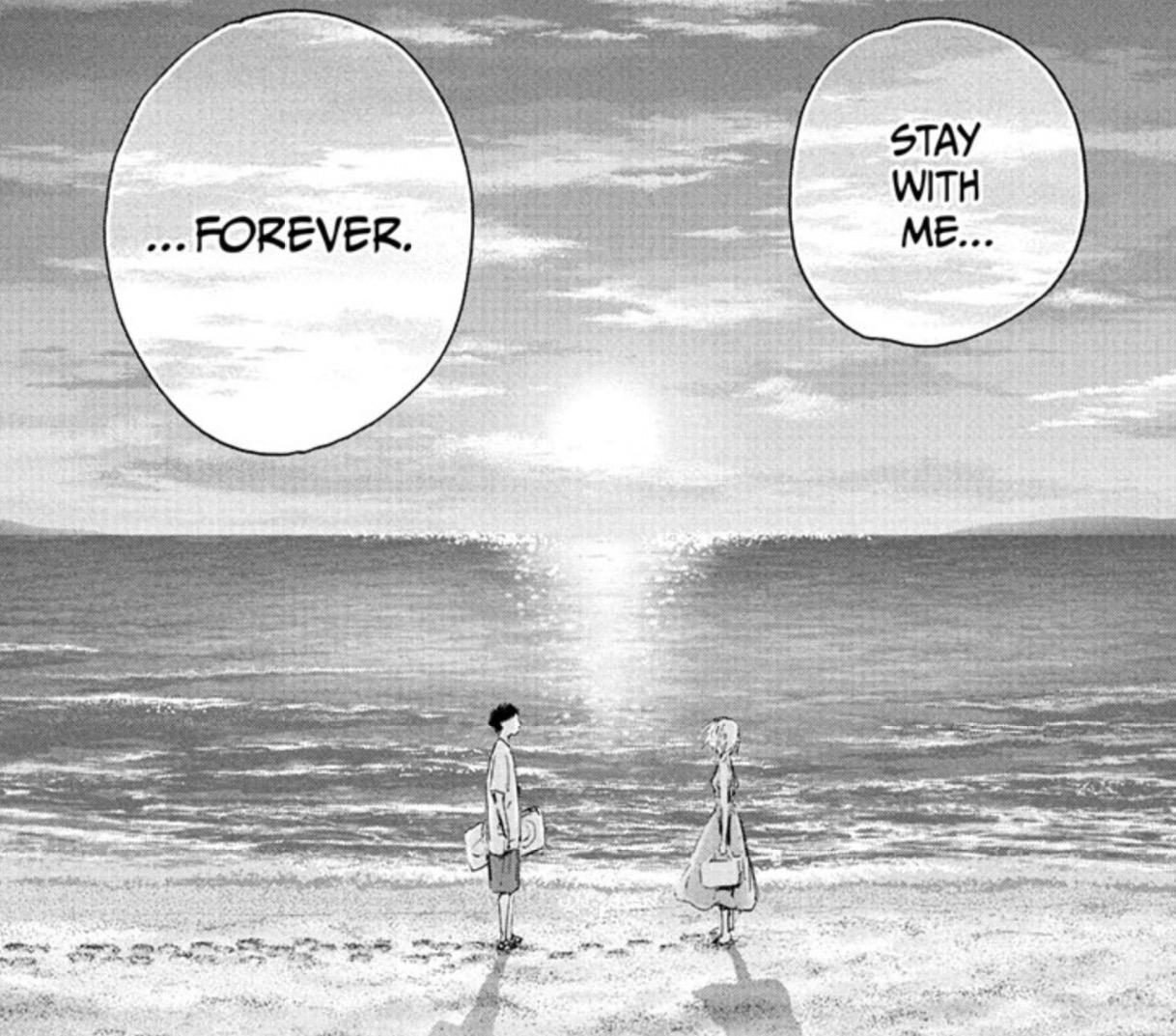 Taiki and Chinatsu stand before the sunset as she asks him to stay