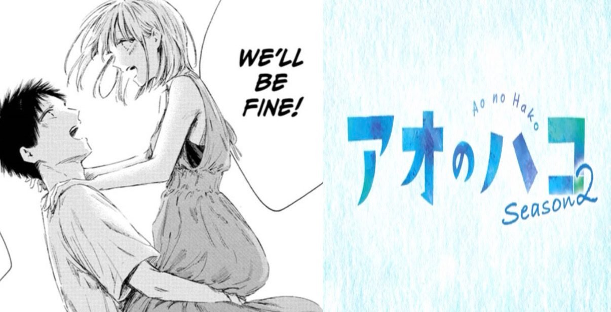 Taiki and Chinatsu embrace next to the Blue Box Season 2 logo