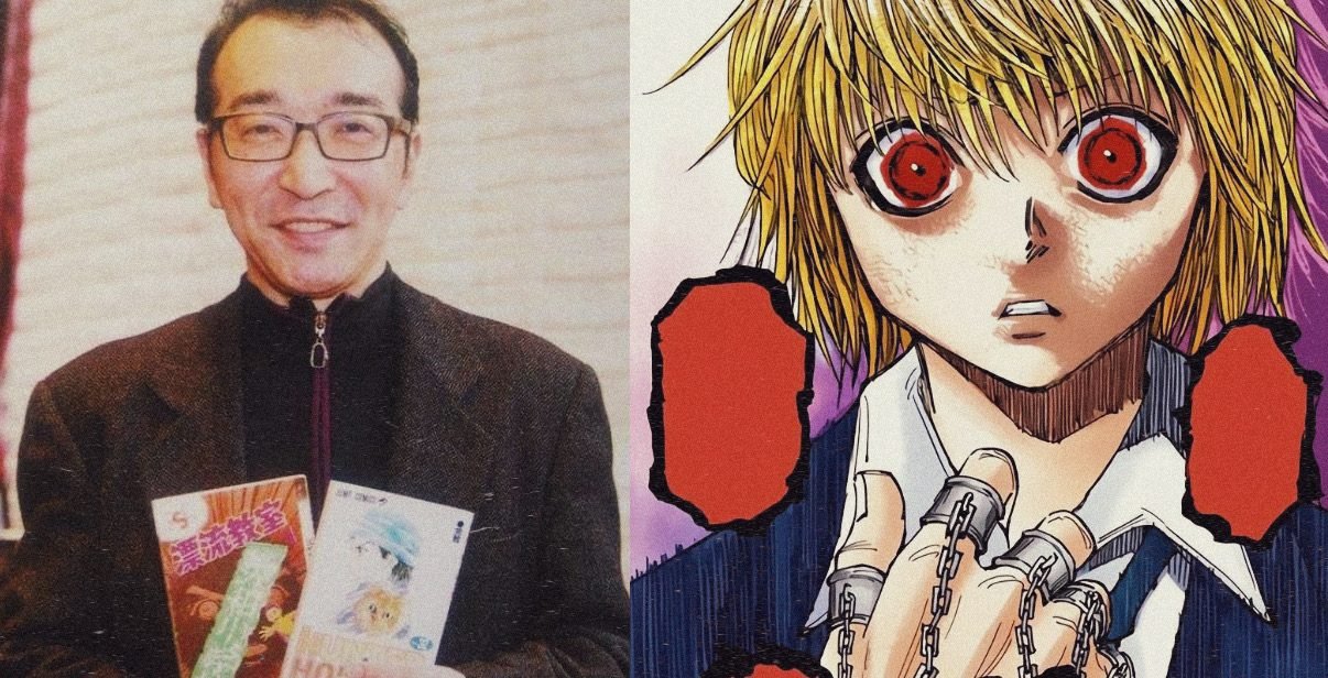 Yoshihiro Togashi beside a colored image of Kurapika with scarlet eyes
