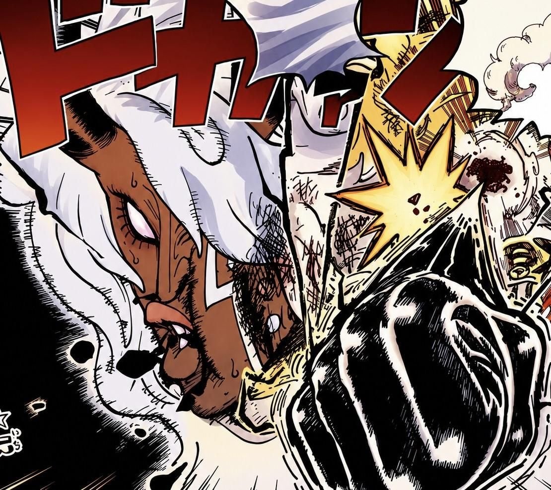 Luffy lands a Haki punch on Imu in a colored One Piece panel