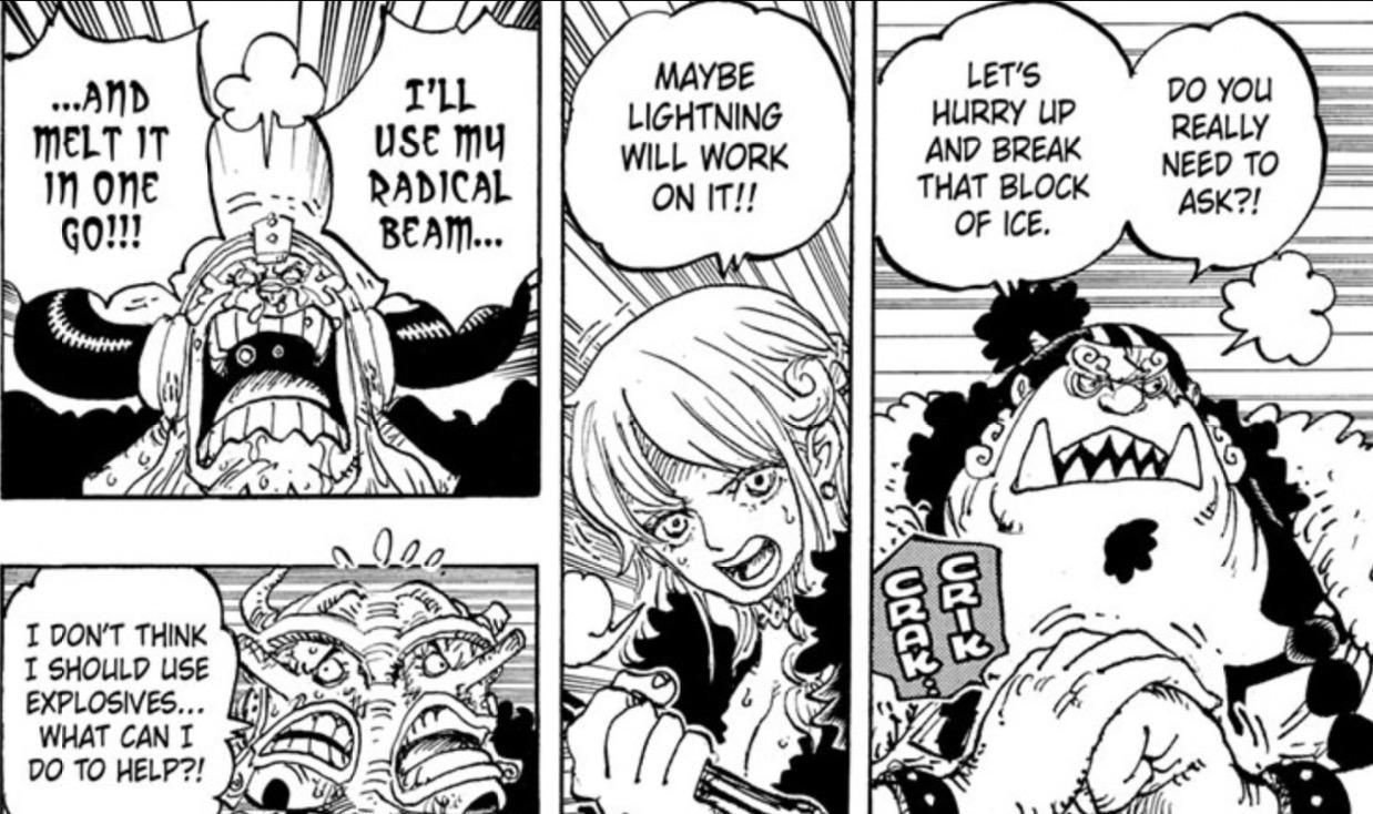 Nami and Jinbe react as Loki is trapped in ice