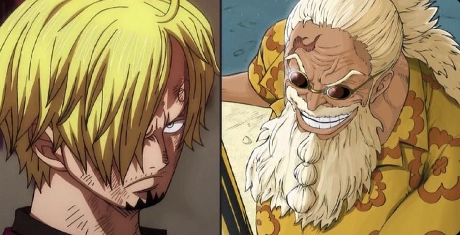 Sanji looking serious next to a smiling Gaban in One Piece