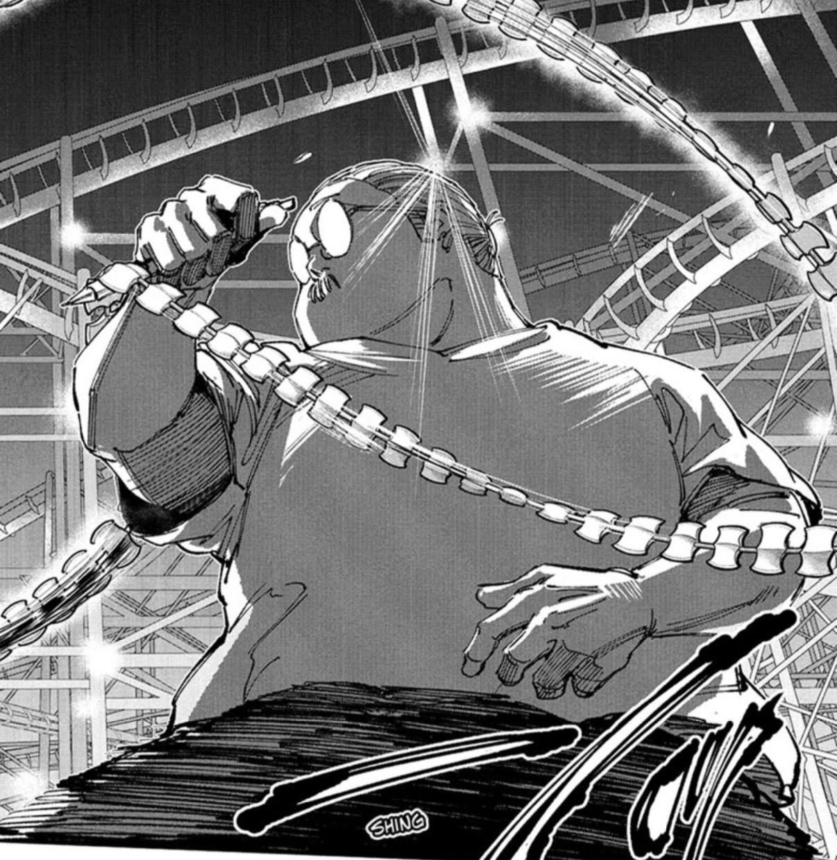 Sakamoto swings a chain weapon in the amusement park battle