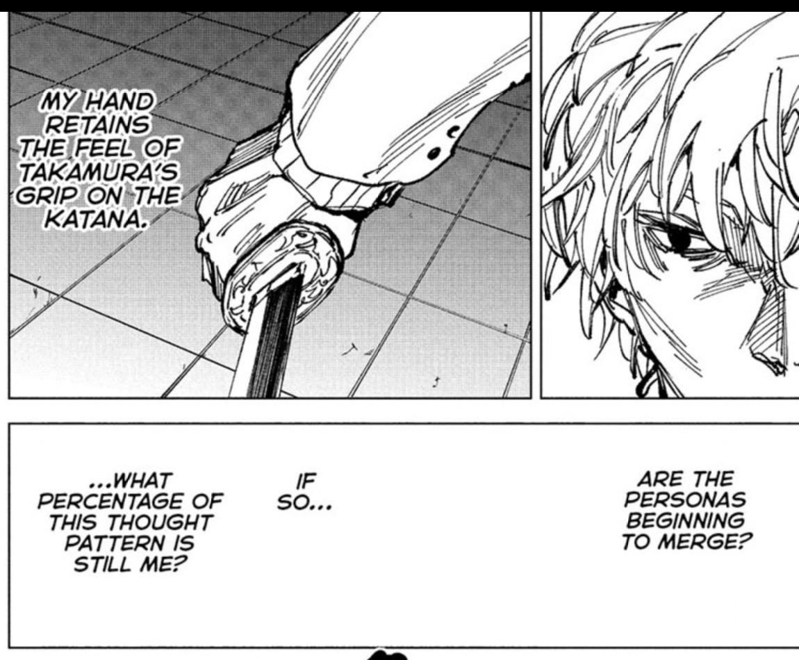 Uzuki grips the katana of Takamura and wonders if the personas are merging
