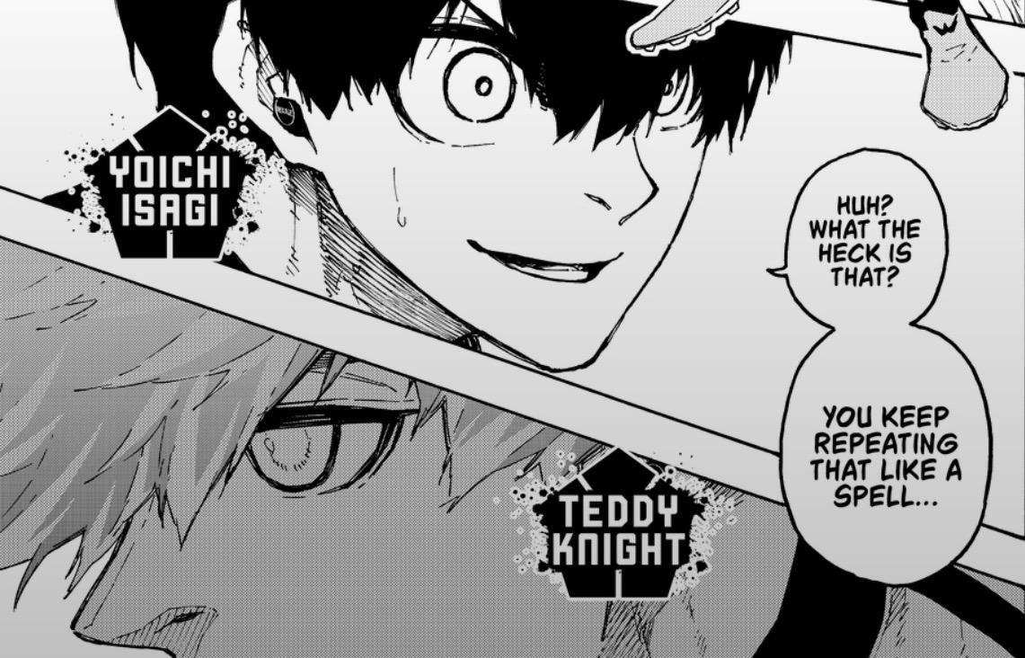 Yoichi Isagi and Teddy Knight face each other as Isagi asks what the one to infinity chant means in Blue Lock chapter 356