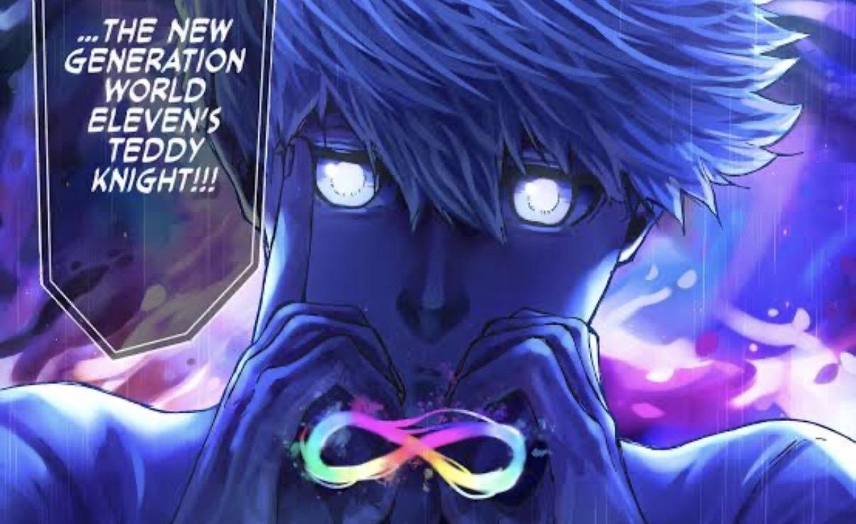 Colour art of Teddy Knight framed by a rainbow infinity symbol as the New Generation World Eleven player in Blue Lock chapter 357