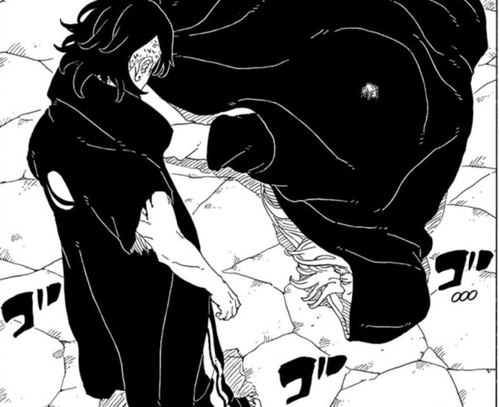 A cloaked figure stands over cracked ground after a clash in Boruto Two Blue Vortex