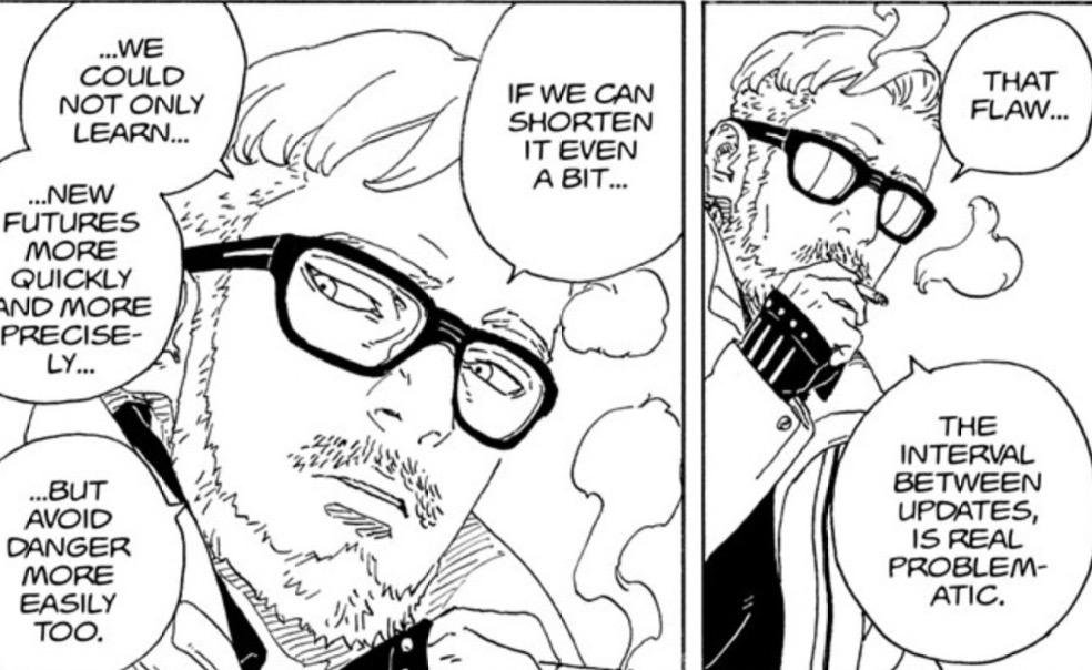 Amado explains that the interval between future updates is the real flaw and offers to shorten it in Boruto Two Blue Vortex chapter 36