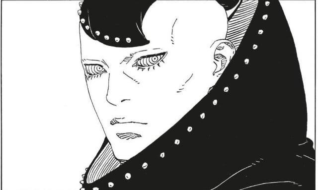 A close up of Hidari inside his studded hood in Boruto Two Blue Vortex