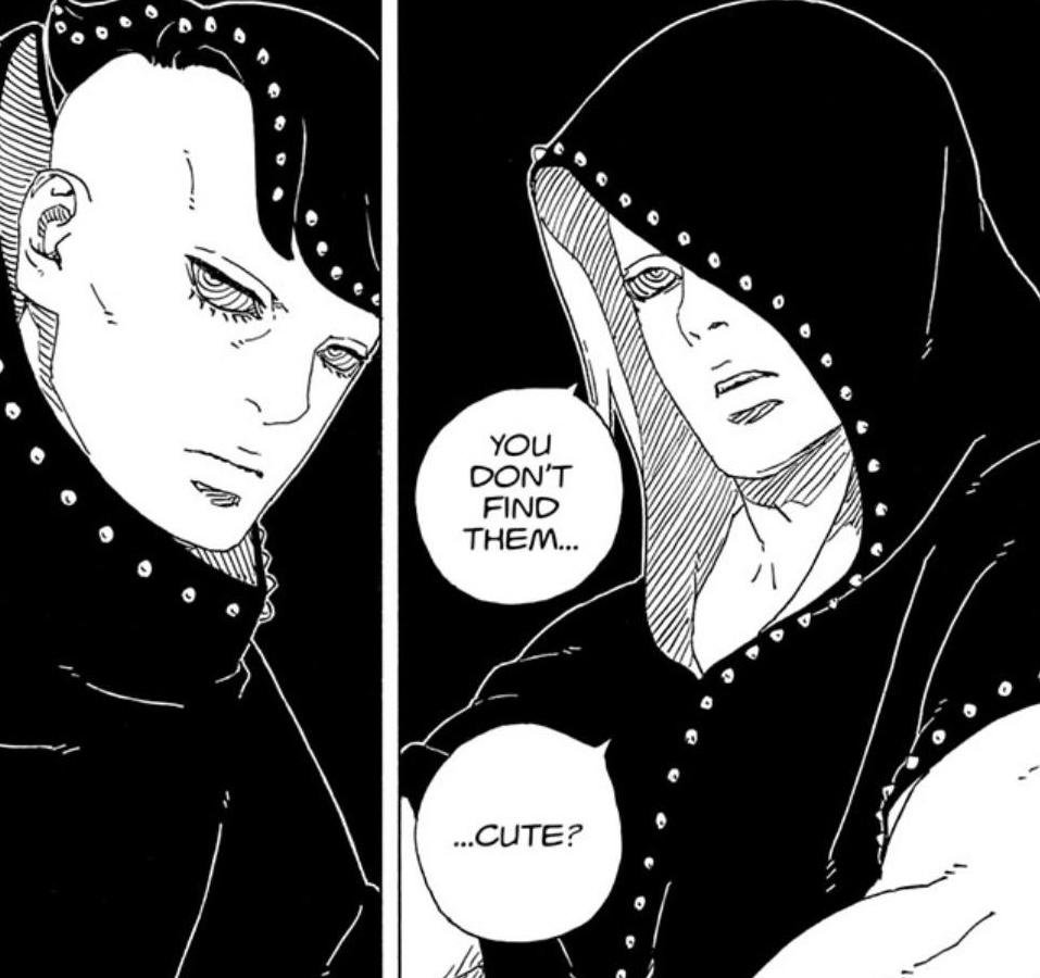 A hooded Hidari asks whether the kittens are cute in Boruto Two Blue Vortex chapter 35