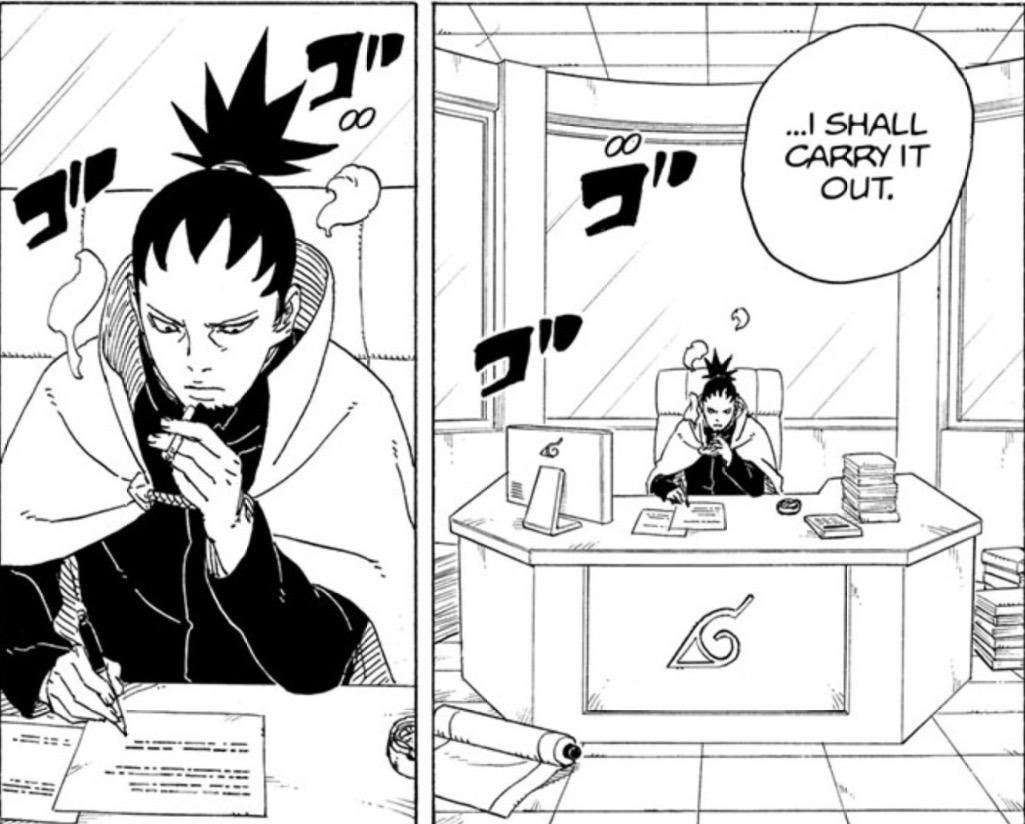 Shikamaru works at the Hokage desk and says he shall carry it out in Boruto Two Blue Vortex chapter 36