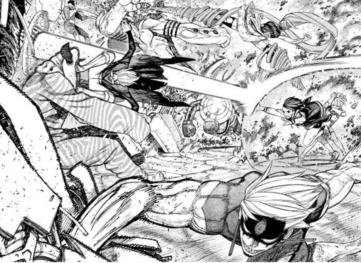 A crowded battle spread of dinosaurs and fighters during the chase in Dandadan chapter 243