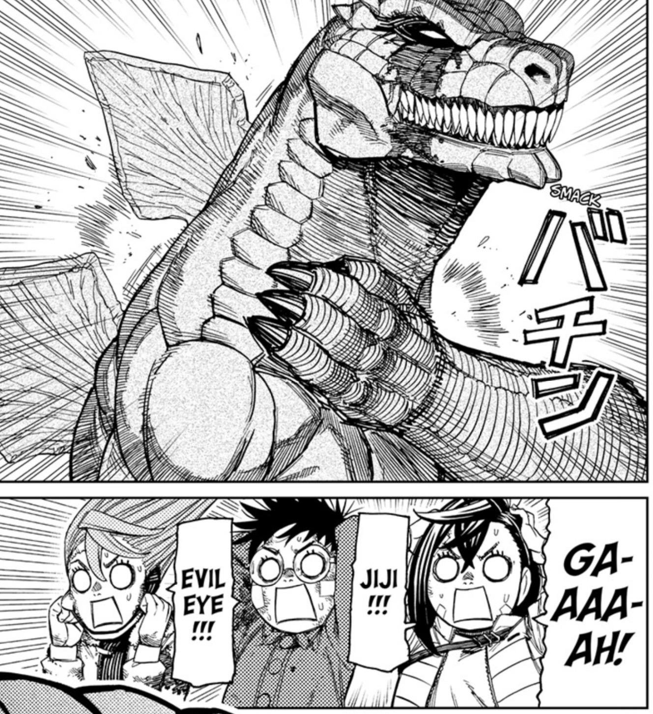 The giant creature swats Evil Eye away while Momo and Okarun cry out his name in Dandadan chapter 243