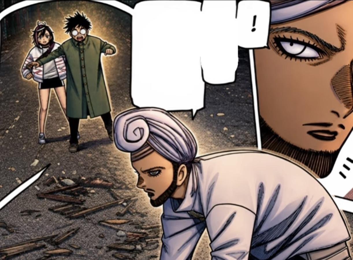 Momo and Okarun come across Yatagarasu amid broken blades and debris in Dandadan chapter 243