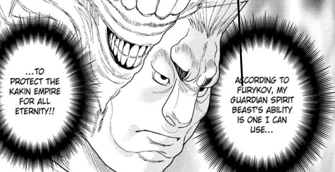 Benjamin smiles as he explains his Guardian Spirit Beast ability will protect the Kakin Empire for all eternity in Hunter x Hunter chapter 417