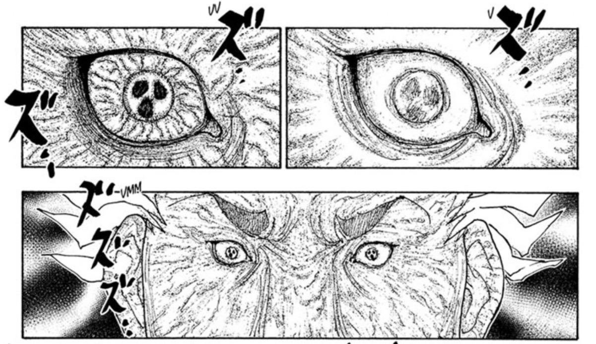 Close panels of eyes showing the infection revealed when the princes use Gyo in Hunter x Hunter chapter 417