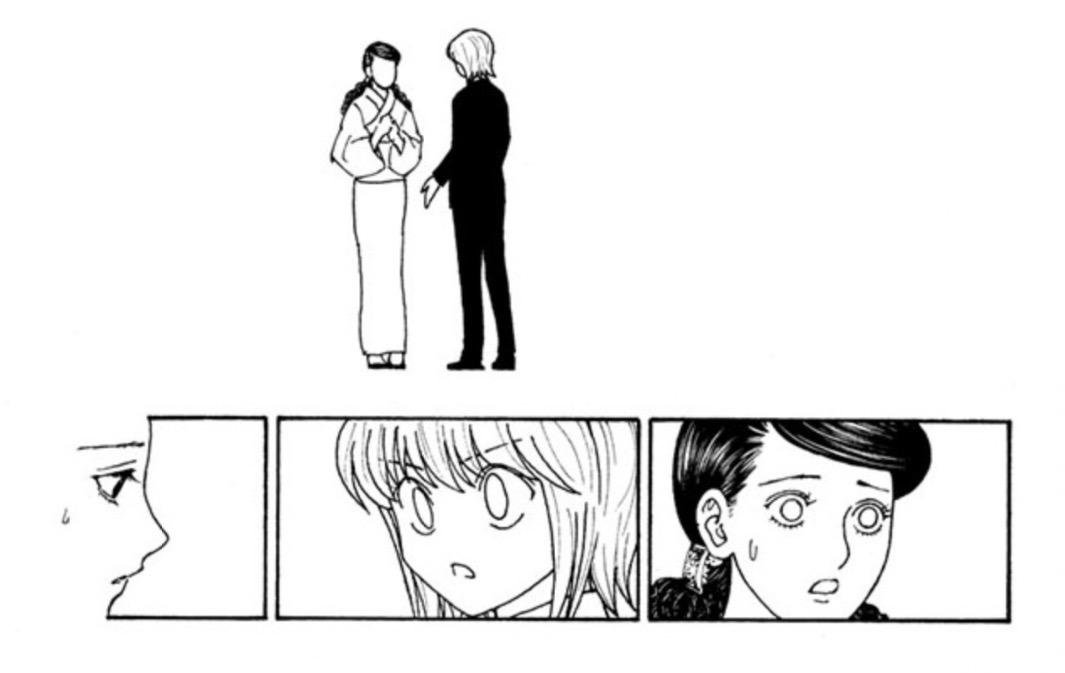 Supporting characters react in a set of side panels from Hunter x Hunter chapter 417