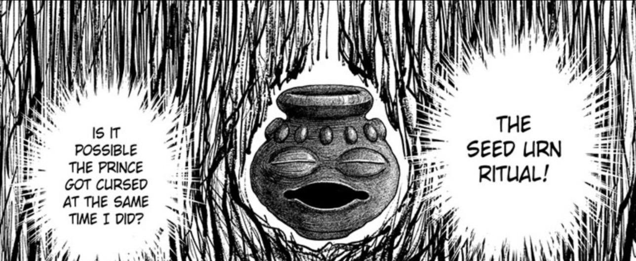 A panel asking whether the prince was cursed during the Seed Urn ritual in Hunter x Hunter
