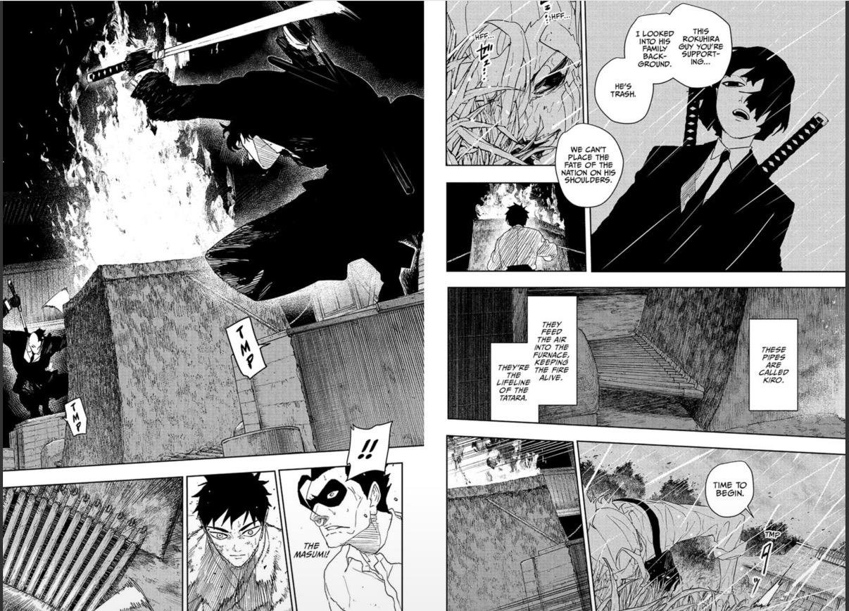 Kunishige forges the enchanted blades as Subaru guards him in Kagurabachi 127