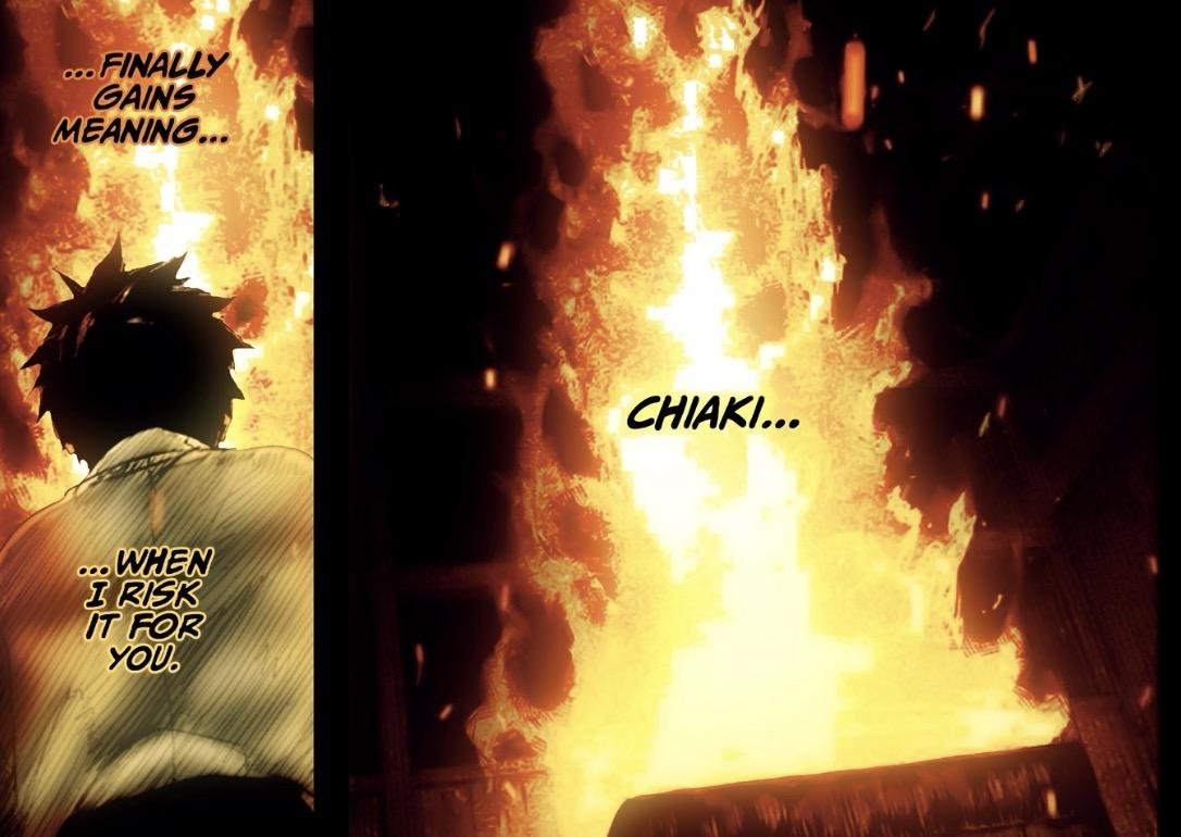 Kunishige thinks of Chiaki before the forge fire in Kagurabachi 127