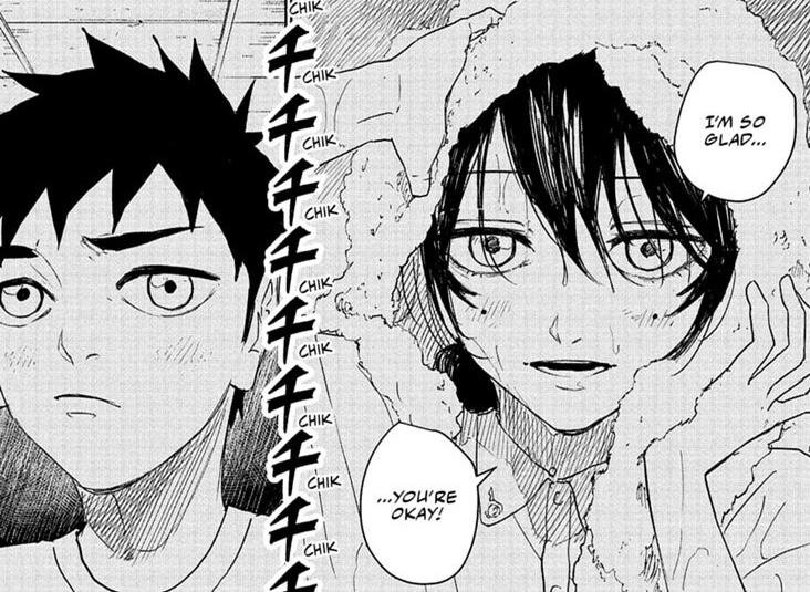 Chiaki looks at Kunishige with relief and says she is glad he is okay in the Kagurabachi flashback