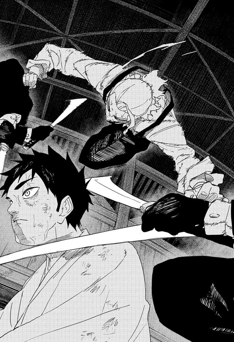 Two swordsmen clash in mid air above the Great Forge in Kagurabachi chapter 128