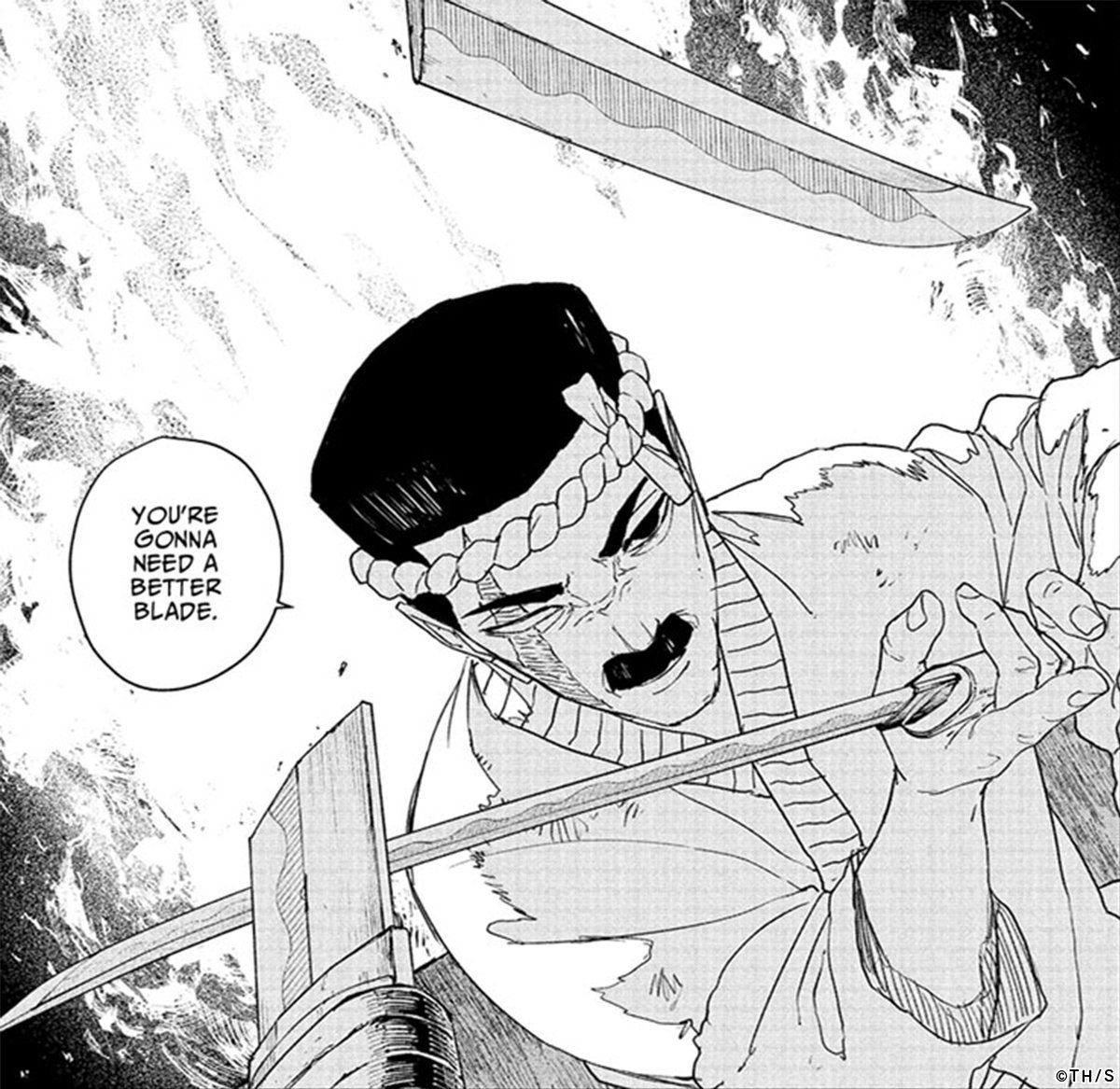 Subaru breaks an attacker sword at the Great Forge and tells him he needs a better blade in Kagurabachi chapter 128