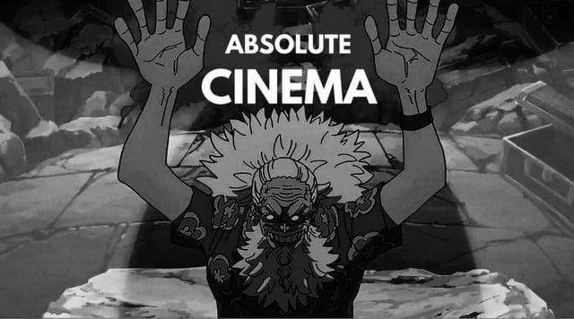 Fan edit of Scopper Gaban raising both hands with the words Absolute Cinema, celebrating his return in One Piece 1189
