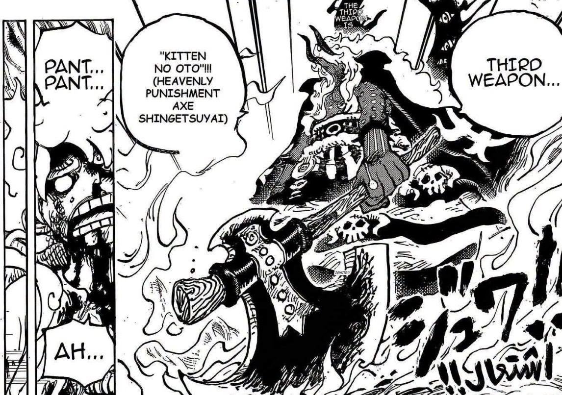 Imu lifting the huge Axe of Xingtian above a fallen Luffy in One Piece chapter 1189