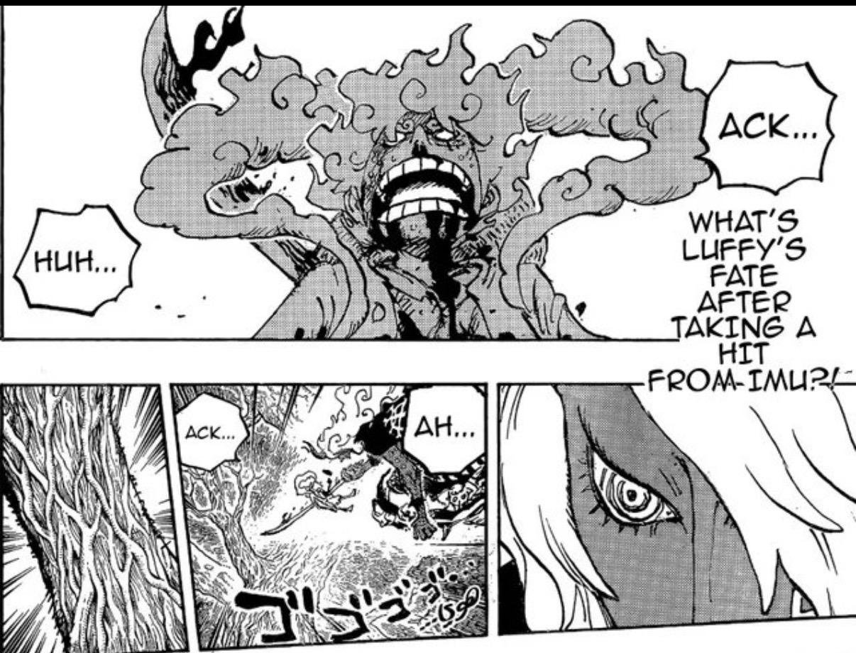 Luffy reeling on the ground after Imu strikes him in One Piece chapter 1189