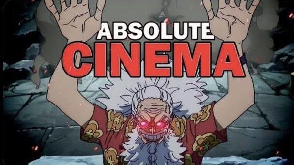 Colour fan edit of Scopper Gaban raising both hands with the words Absolute Cinema after his fight with Imu
