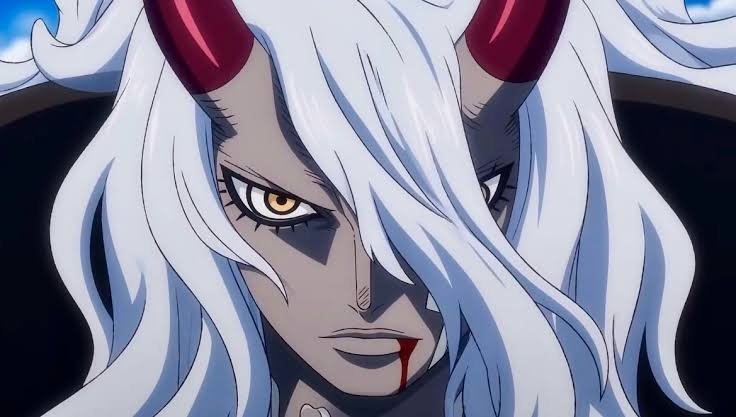 Close up of Imu with horns and long white hair, the villain at the centre of the current One Piece arc