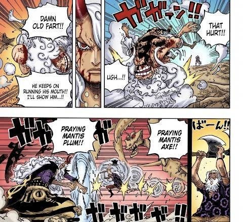 Coloured panels of Scopper Gaban landing his Praying Mantis Plum and Praying Mantis Axe attacks on Imu in One Piece chapter 1190