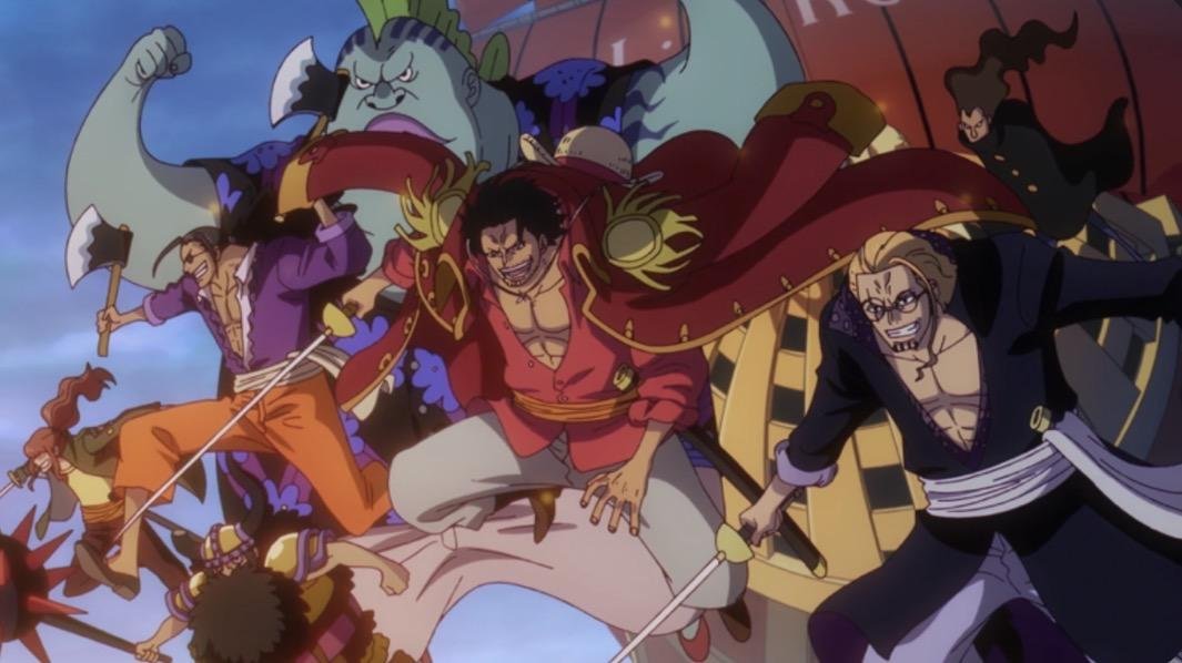 Coloured art of Gol D. Roger with his crew including Scopper Gaban, the captain Gaban still serves in One Piece