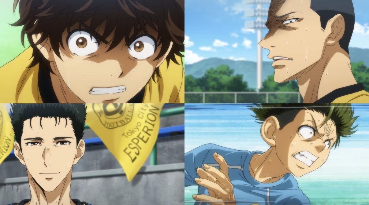 Aoashi Season 1 frames showing Ashito, Fukuda and the Esperion youth team