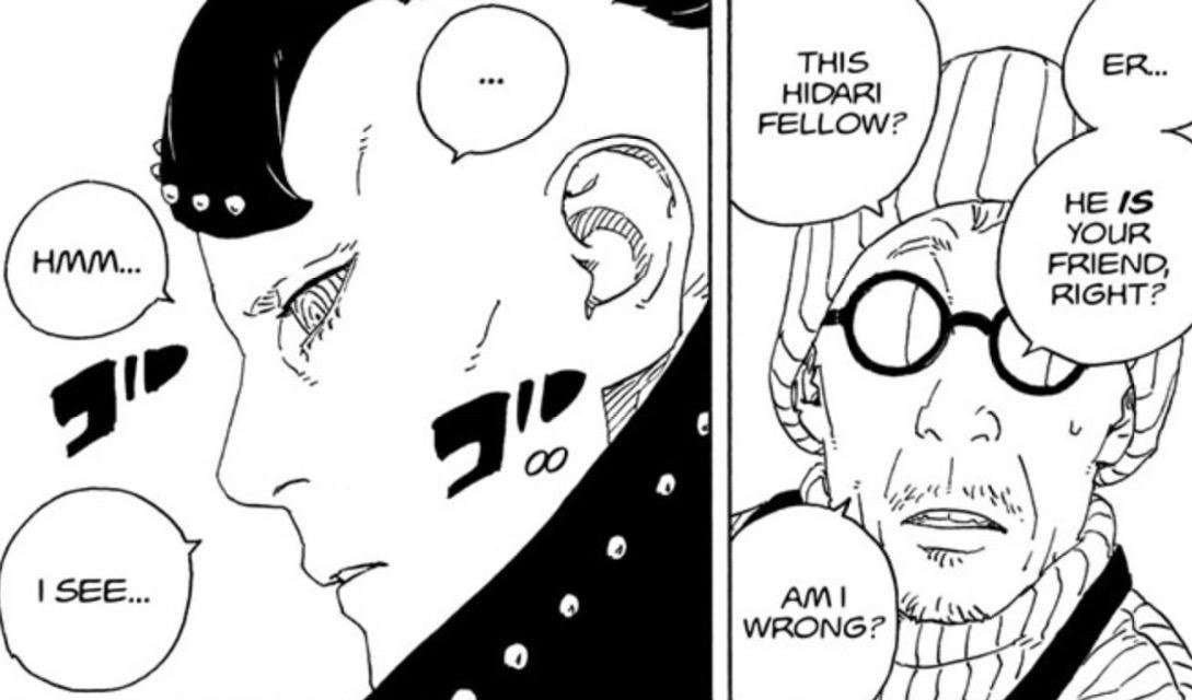 Jura being asked about his friend Hidari by the bookseller in Boruto Two Blue Vortex 37