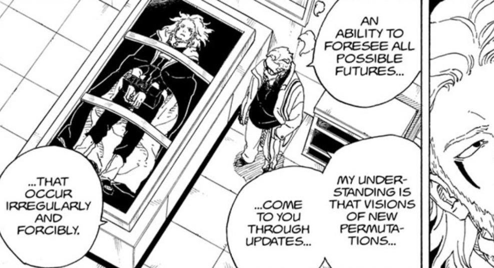 Kashin Koji explaining how his future visions arrive as updates in Boruto Two Blue Vortex 37