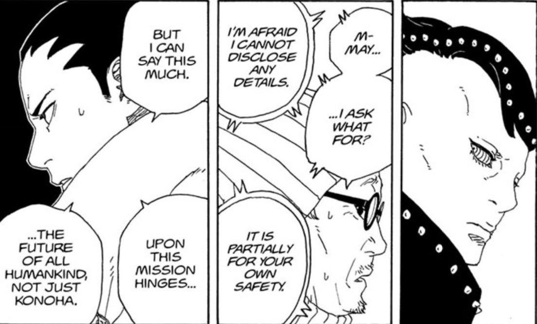 Shikamaru briefing the bookseller that the future of all humankind hinges on the mission in Boruto Two Blue Vortex 37