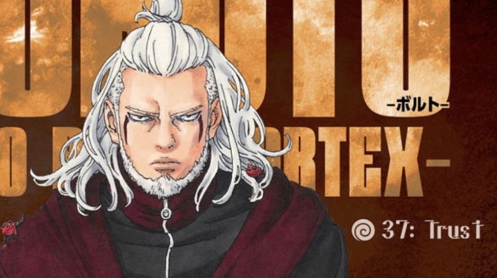 The Boruto Two Blue Vortex 37 title card, chapter 37 Trust, with Kashin Koji