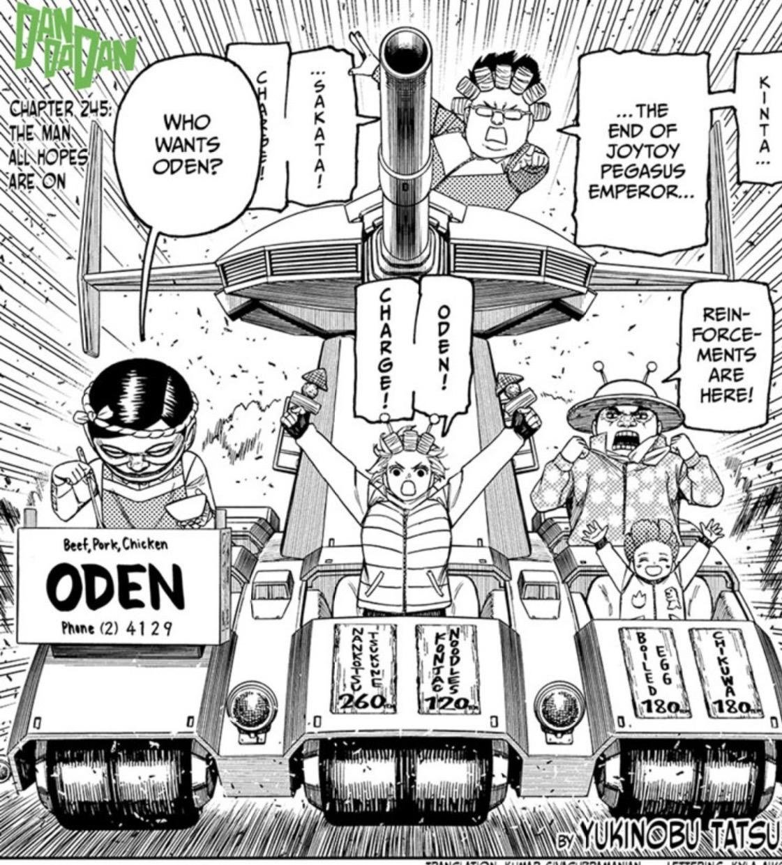 Dandadan chapter 245 title page, The Man All Hopes Are On, by Yukinobu Tatsu