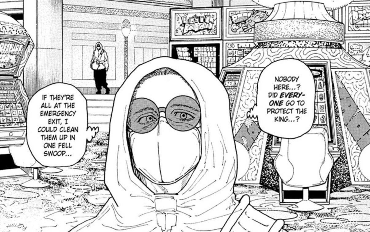A hooded figure at the casino machines in Hunter x Hunter chapter 420