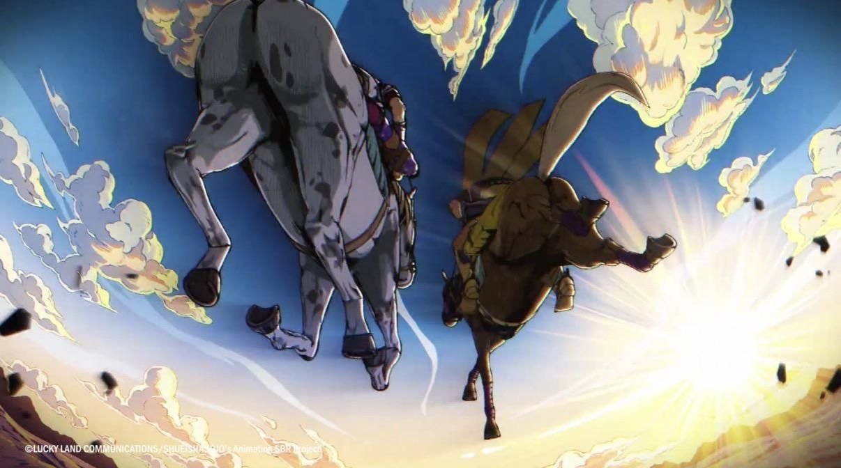 Horses racing across the desert in the Steel Ball Run anime
