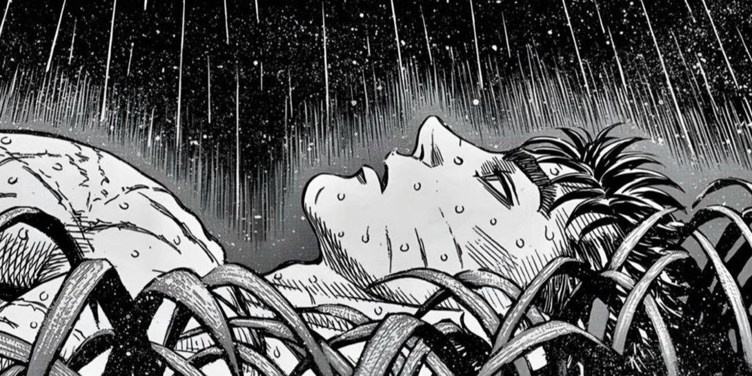 Guts lying in the rain in the Berserk manga
