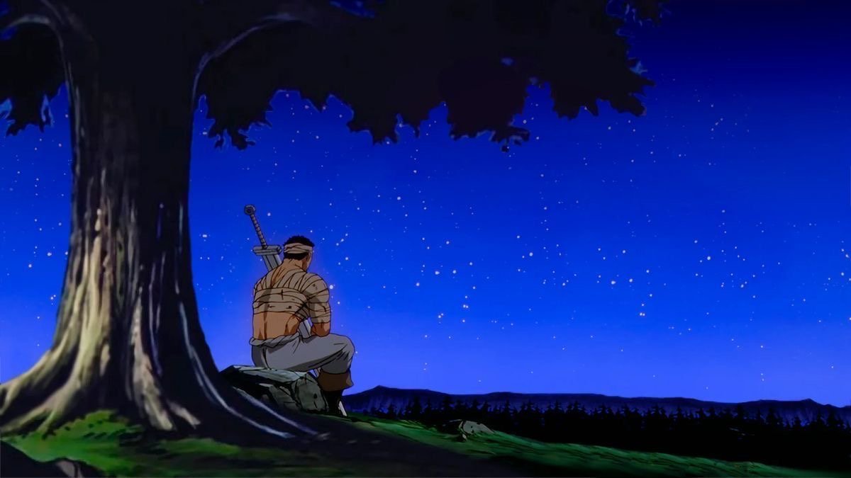 Guts resting under a tree at night in the Berserk anime