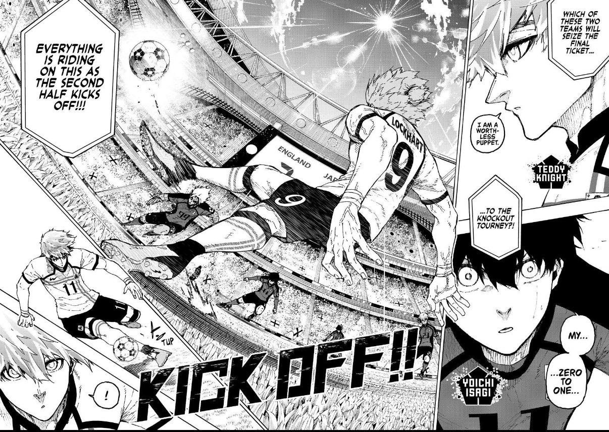 Lockhart kicking off the second half as Teddy and Isagi react in Blue Lock 363