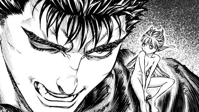 Guts snarling with a pisky elf behind him in the Berserk manga